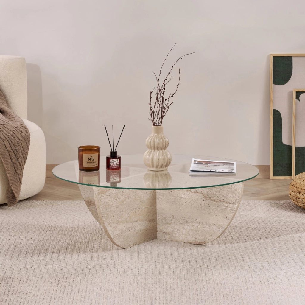 Tavolino in vetro "Liya" 90 x 90 x 30 cm - Travertino
