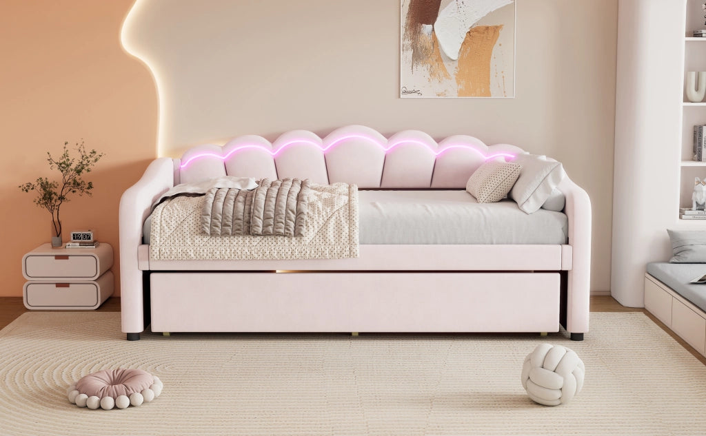 DESMIU Letto estraibile 90 × 200 cm 1 piazza con LED regolabile, senza materasso, in velluto, rosa