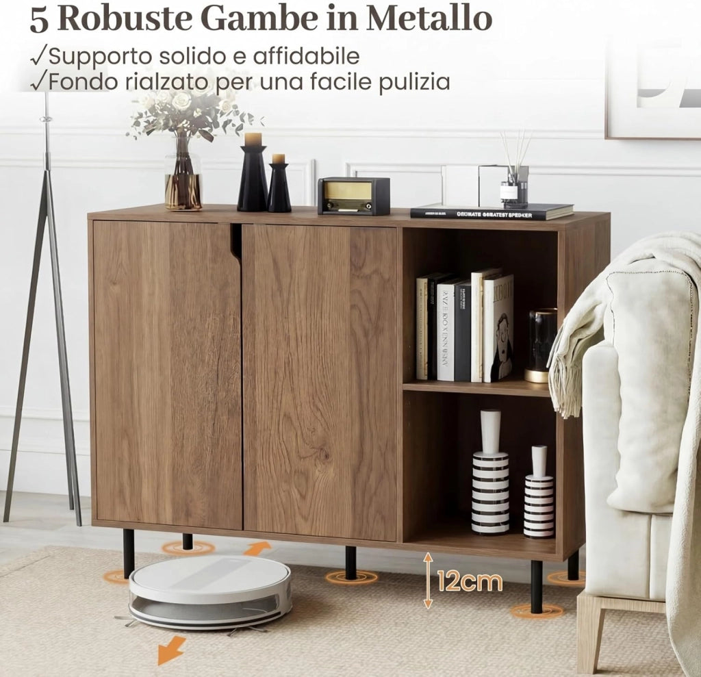 Credenza Cucina e Buffet in Legno, Mobile Dispensa con 2 Ante, 2 Scomparti Aperti a Ripiani Regolabili e Gambe in Metallo, per Sala da Pranzo, 106 x 38 x 80 cm (Nero) (Naturale)