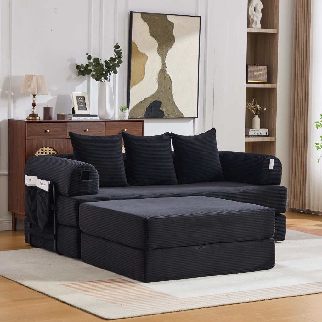 Divano modulare ULEVR 200x190 cm in velluto a coste nero con ottomana, tasca laterale e 3 cuscini