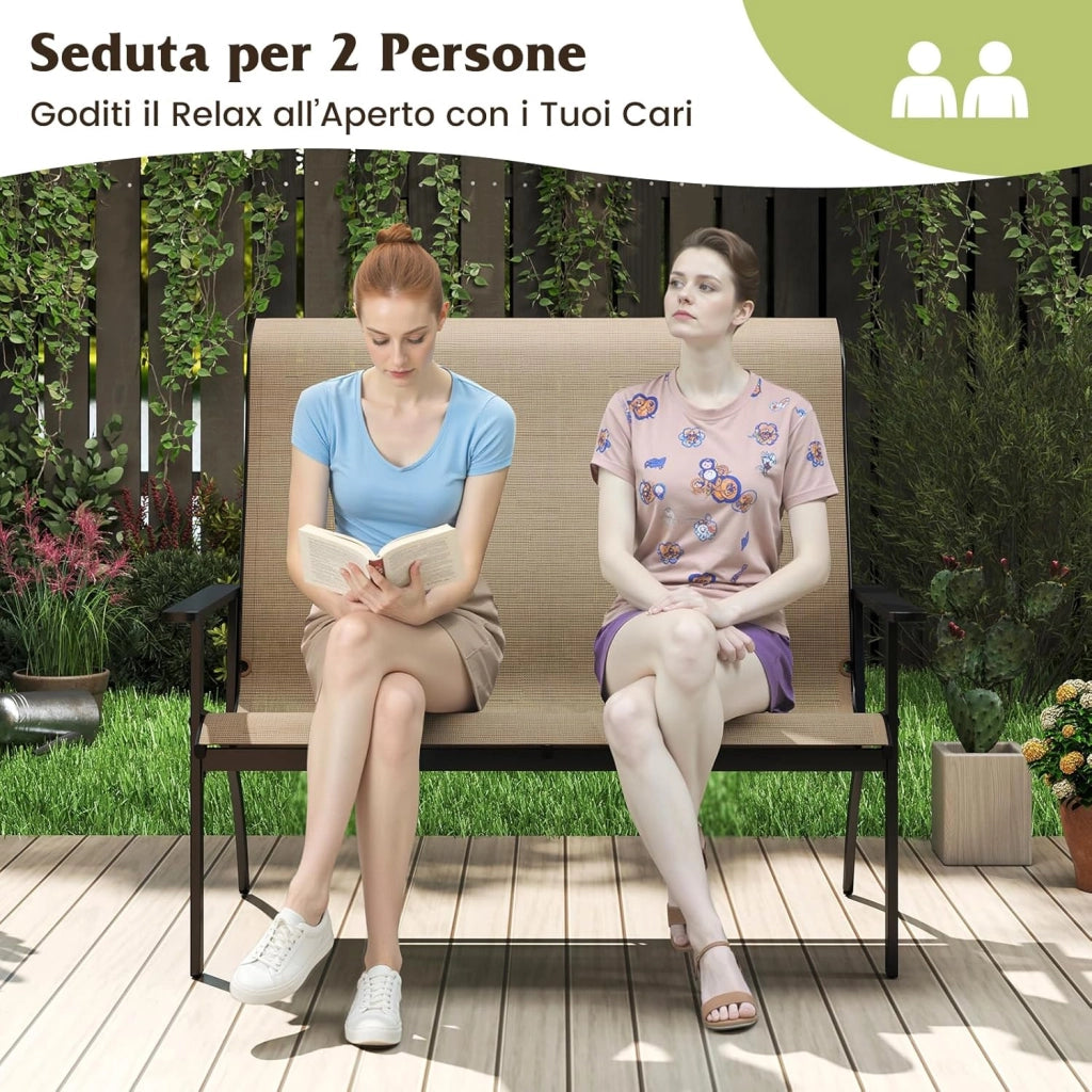 Sedia Esterno a 2 Posti, Panca da Giardino con Schienale Alto e Braccioli, Poltrona da Giardino a 2 Persone, per Terrazzo Patio Cortile, Portata 400 kg