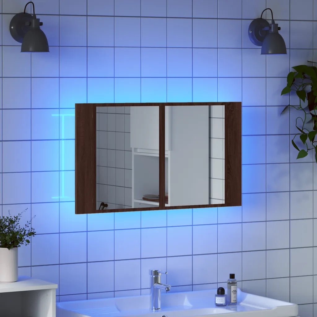 Armadietto Specchio con LED Rovere Marrone 80x12x45cm Acrilico 834953