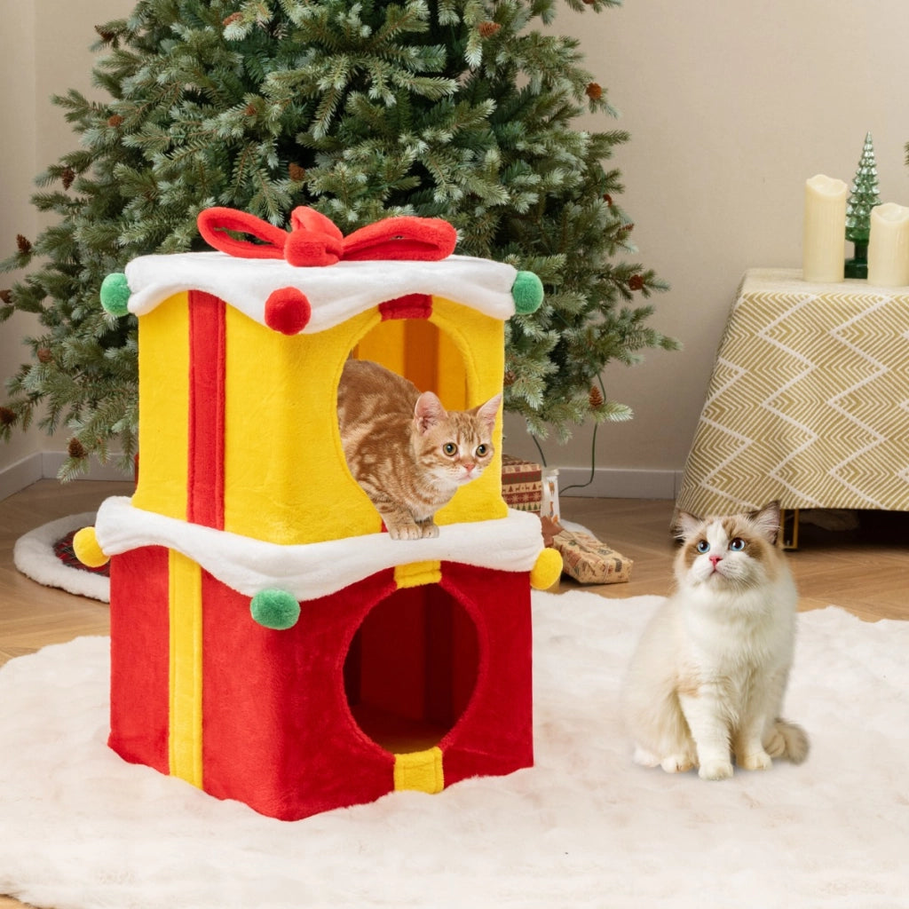 Casetta di Natale per gatti a 2 piani con fiocco, Kit di condo a forma di regalo impilabili con 2 condo Colorato-Lettini e divanetti