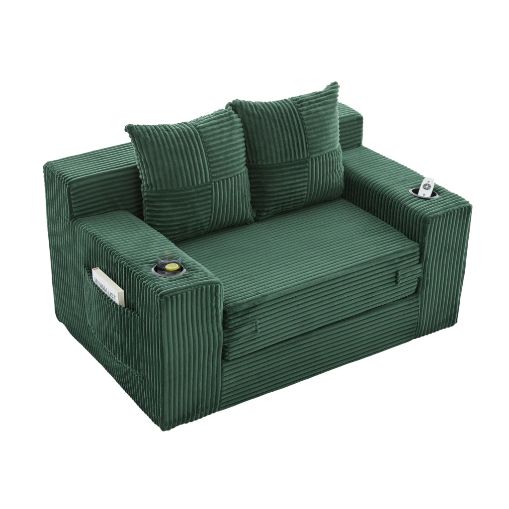 Divano pouf in velluto a coste con 2 cuscini e tasche laterali; 151x133x64 cm; smeraldo