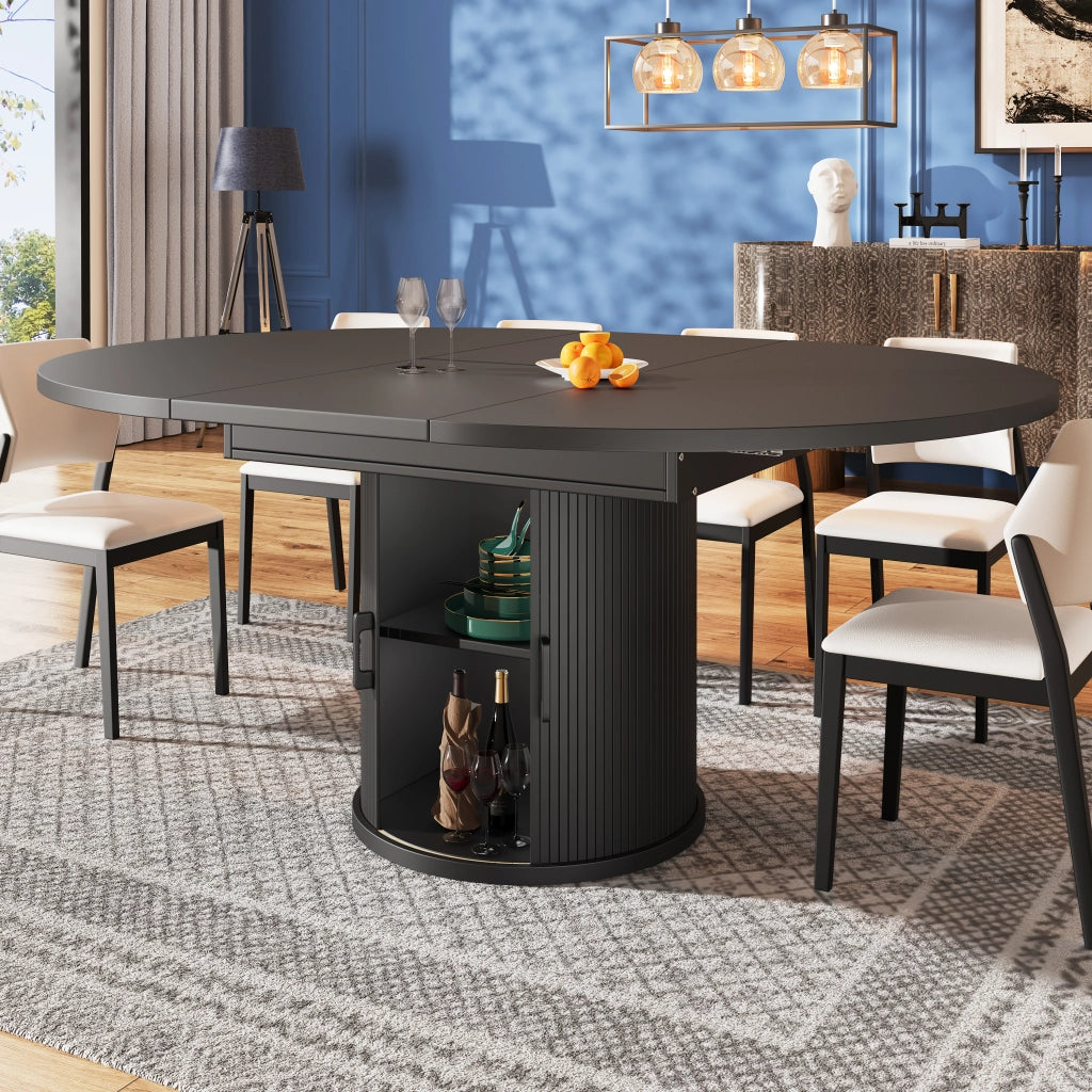 Tavolo da pranzo allungabile rotondo in MDF con piano scorrevole e 2 vani contenitore per cucina soggiorno e balcone