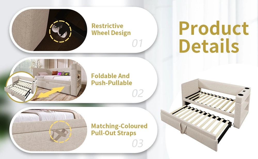 Letto Singolo Imbottito con Estraibile ¨C MINIMAL ¨C Tessuto Beige 90x190