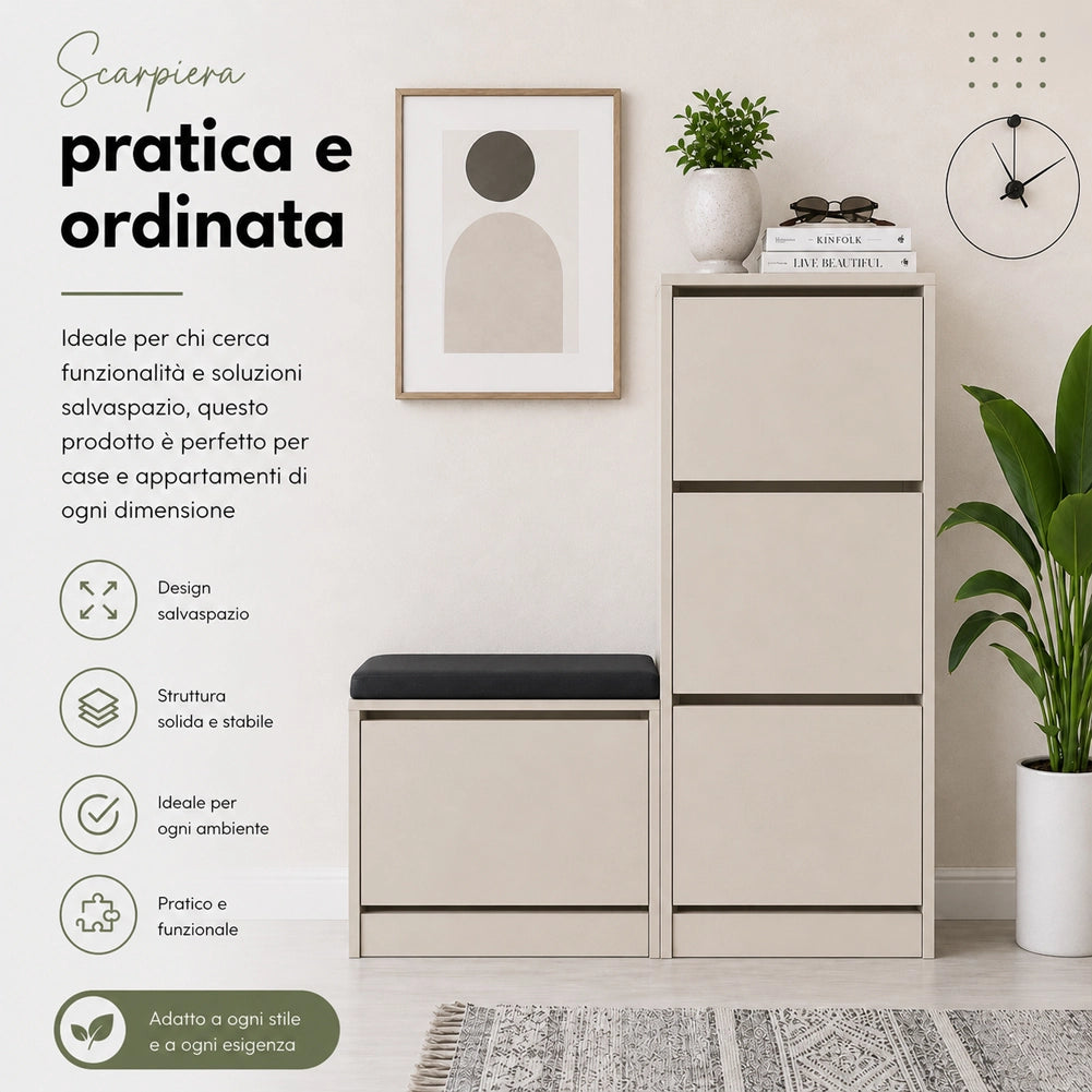 Scarpiera Salvaspazio 3 Ante Mobile Portascarpe 105x118,5 cm Multiuso Sabbia