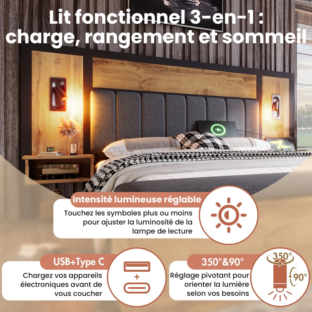 Letto Matrimoniale 160 x 200 cm - USB; Type-C; Lampade e Panca Contenitore - Rovere
