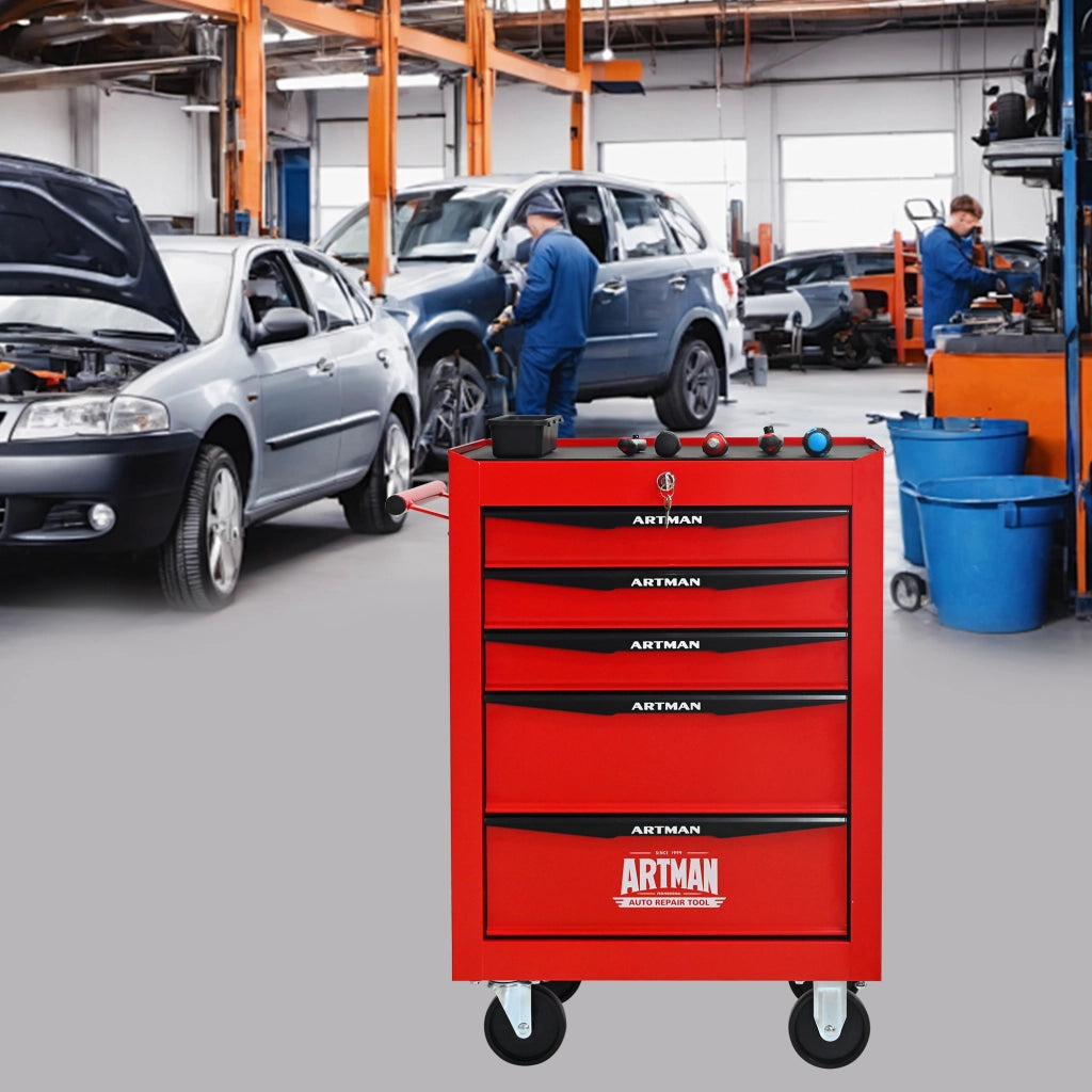 Carrello portautensili con 5 cassetti e ruote piroettanti, bloccabile, per garage, in acciaio, rosso nero 60 × 33 × 77,5 cm