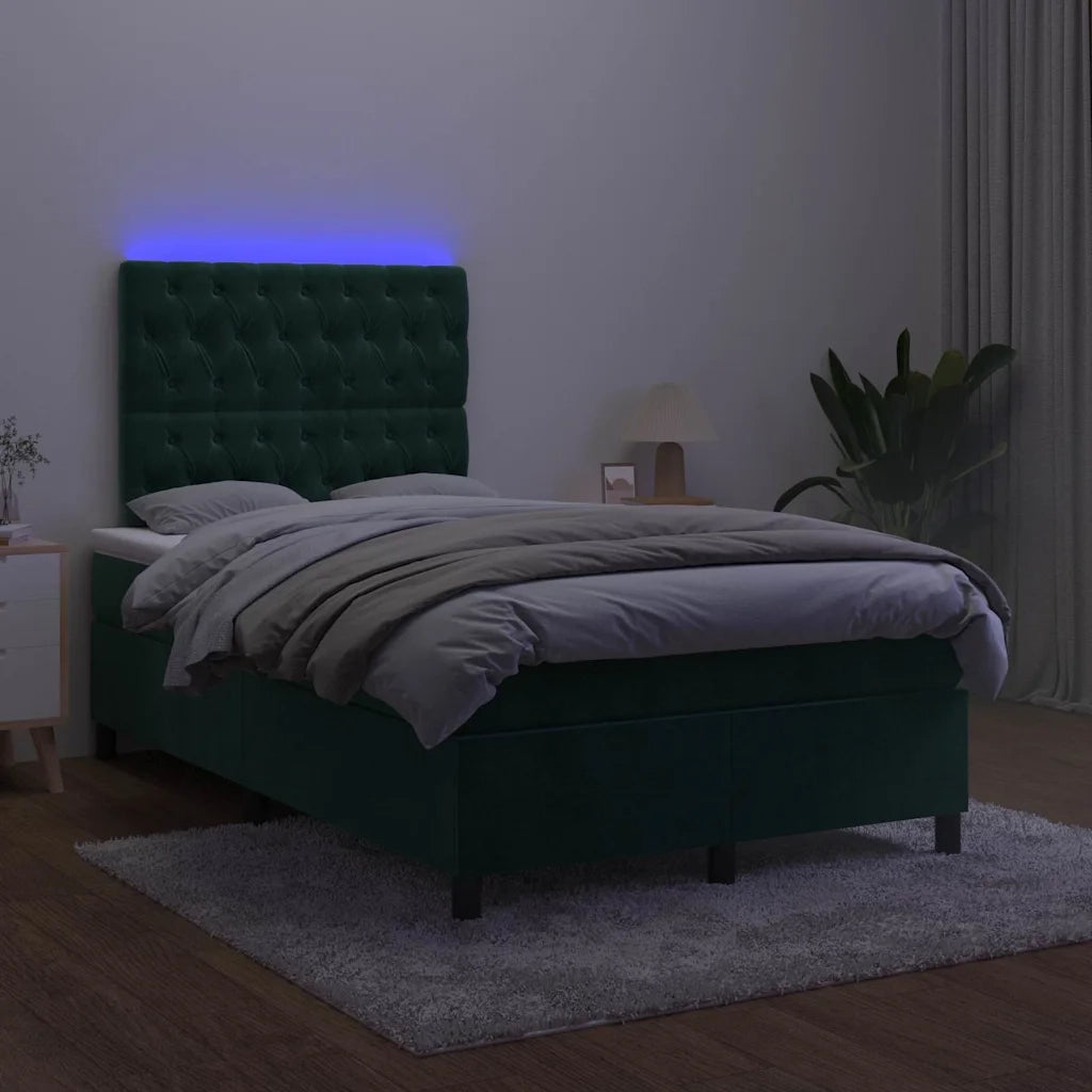 Letto a Molle con Materasso e LED Verde Scuro 120x190cm Velluto