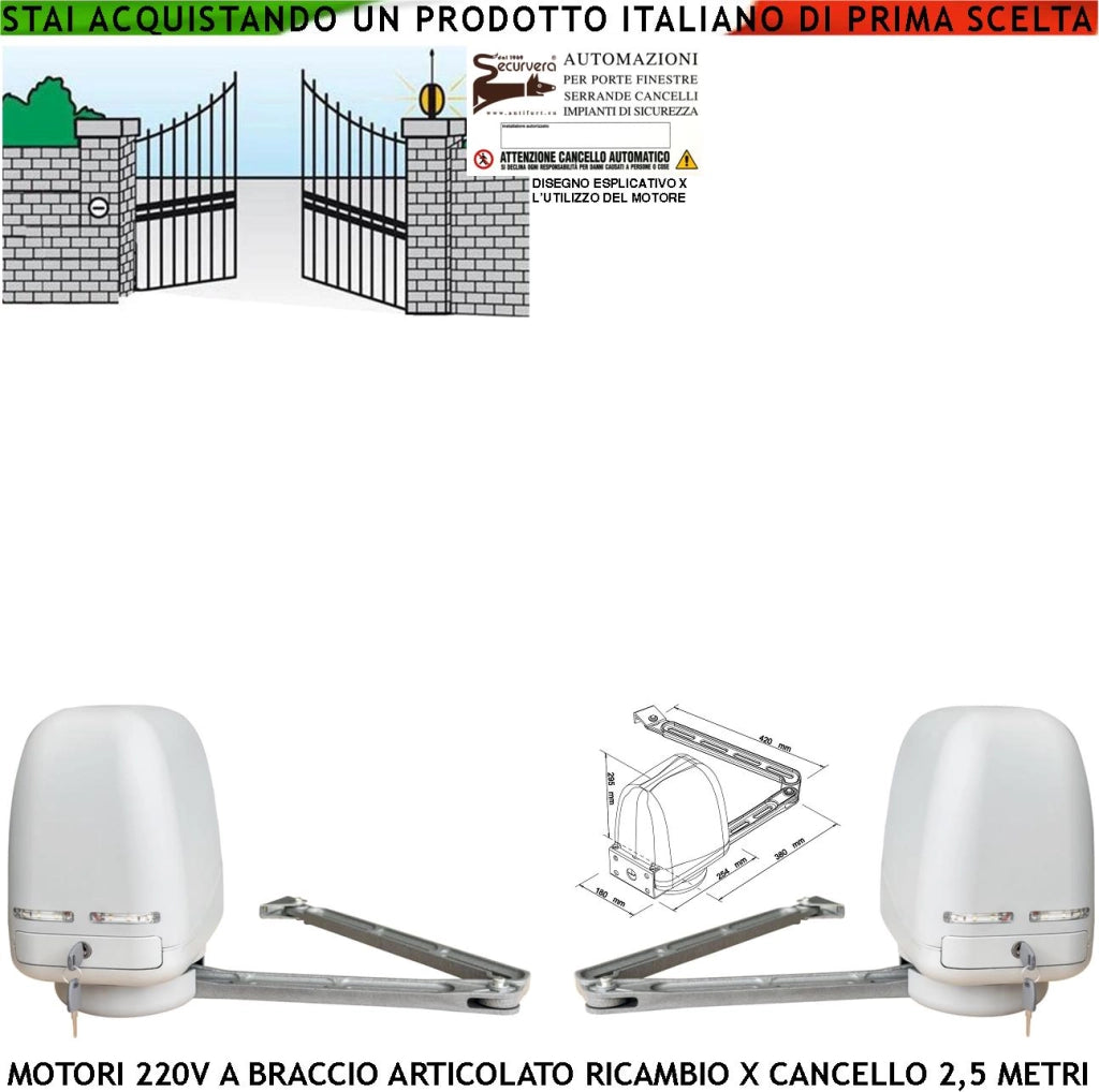 Motori a Braccio Articolato 220 V per Cancello Elettrico 2 Ante da da 0,5 a 2,5 Metri Ricambio Universale 2 Motori Completi Spinta 250 NM Cartello Monitore