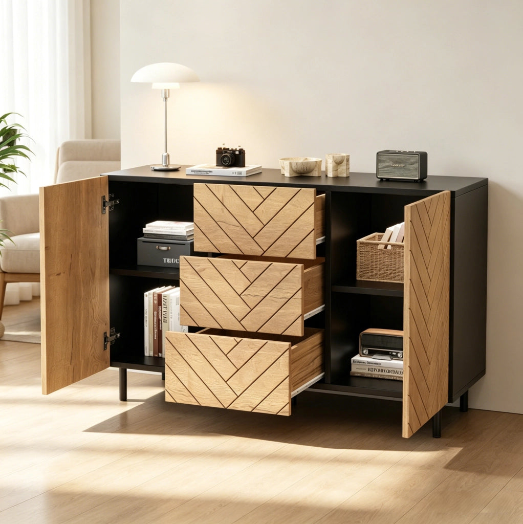 Credenza moderna 120x40x76 cm con 3 cassetti e 2 ante, legno e nero