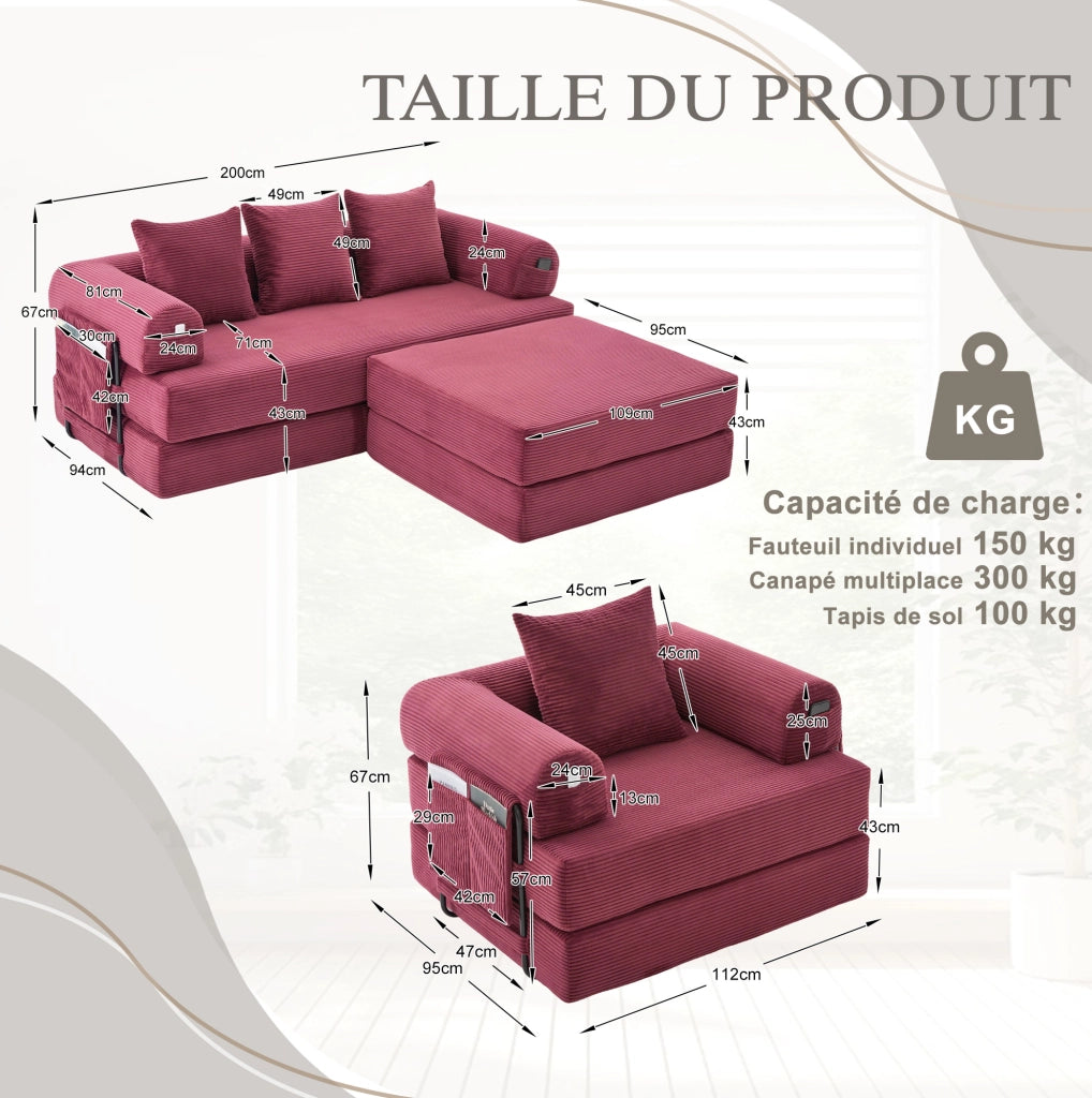 Set divano modulare in velluto a coste con pouf; rosso vino