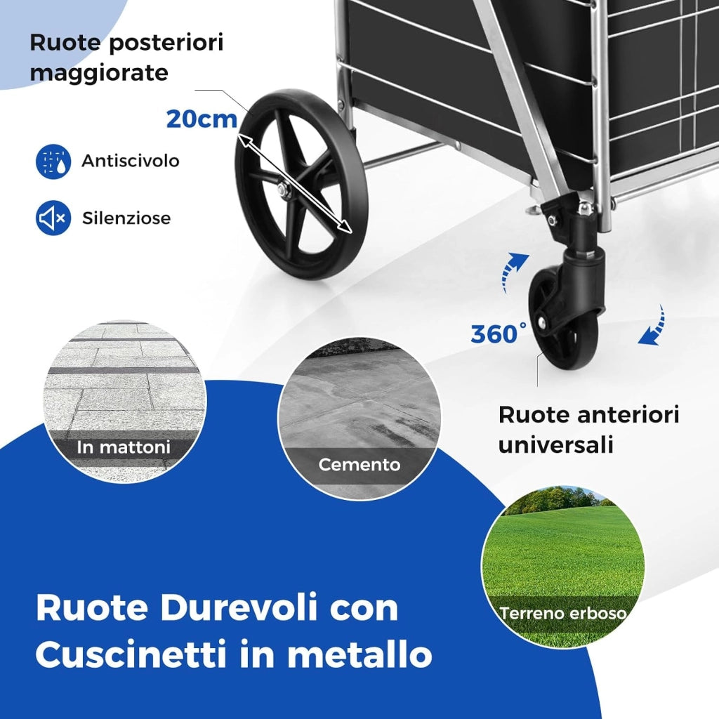 Carrello Portaspesa Pieghevole con Sacca, Carrello della Spesa Pieghevole con Ruote Girevoli a 360°, 2 Cesti, Capacità di Carico: 150 kg, 126 L, 66 x 64 x 103 cm (Argento)