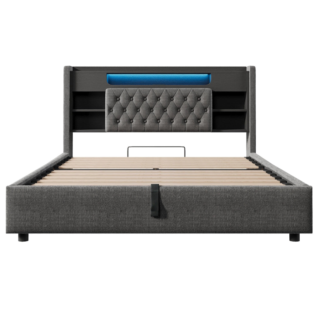 Letto imbottito ULEVR 140x200 cm con contenitore idraulico, LED, USB e Type-C, testiera con ripiani, grigio
