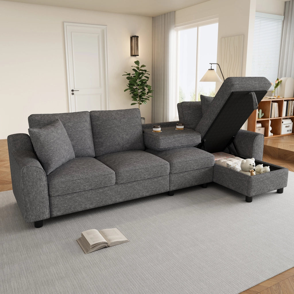 Divano a tre posti, divano ad angolo, tessuto chenille, vano portaoggetti, portabicchieri, design modulare, grigio
