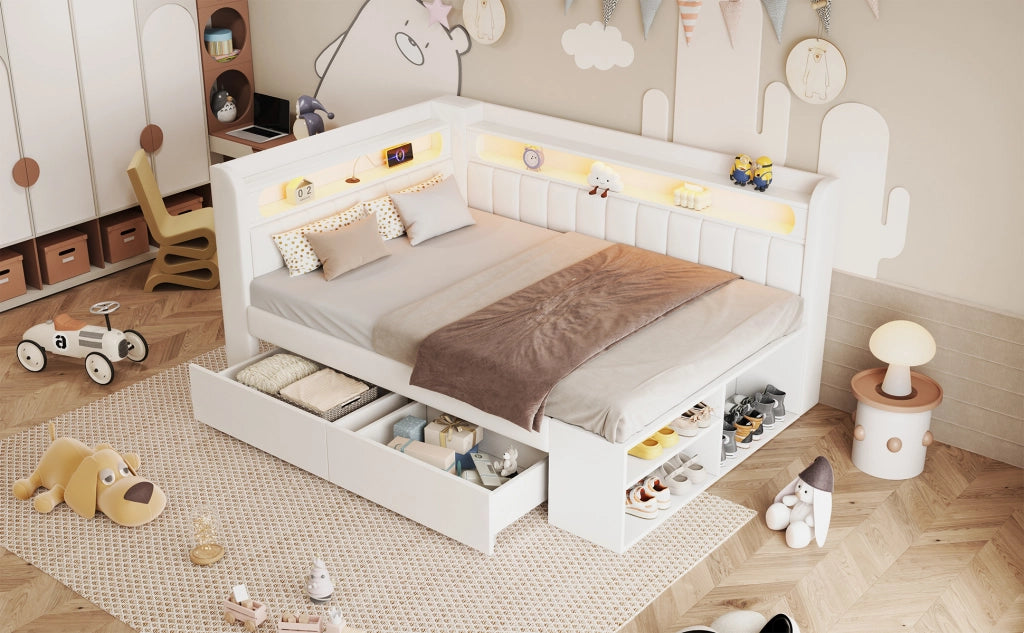 Letto singolo imbottito 90 ¡Á 200 cm con USB LED a sette colori due cassetti scarpiera bianco