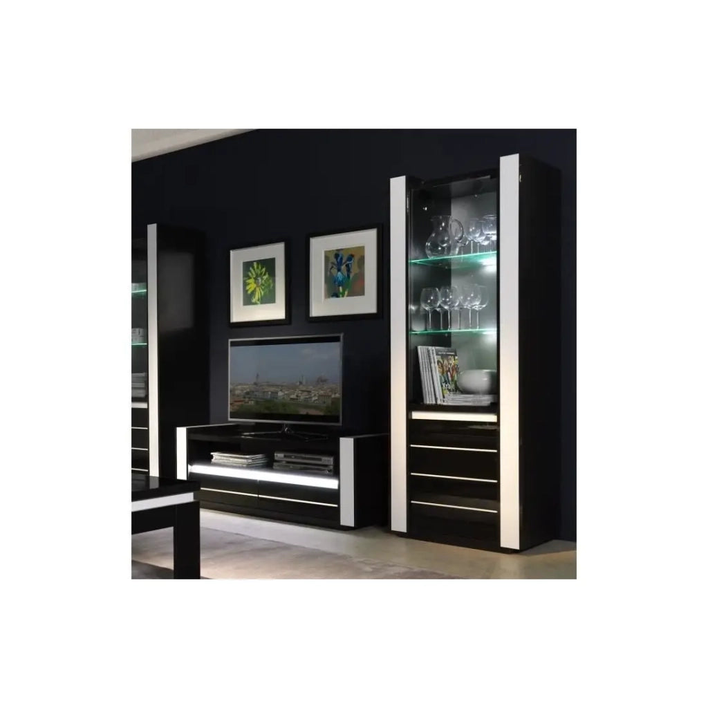 Set LINA nero e bianco: vetrina e mobile TV con LED