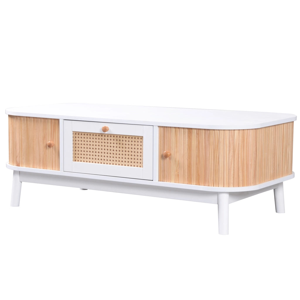 Tavolino da caffè 110x55x38.5 cm; con ampio spazio contenitore; MDF; bianco e colore naturale