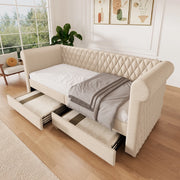 Letto daybed vintage 90x200 cm in lino beige con 2 cassetti, rete a doghe, senza materasso