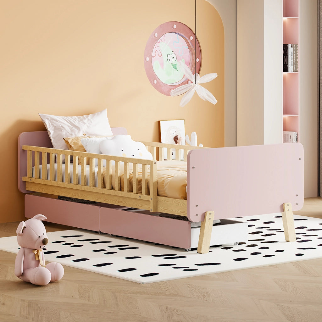 Letto Singolo con 2 Cassetti ¨C MINIMAL ¨C Massello Rosa 90x190 con Doghe