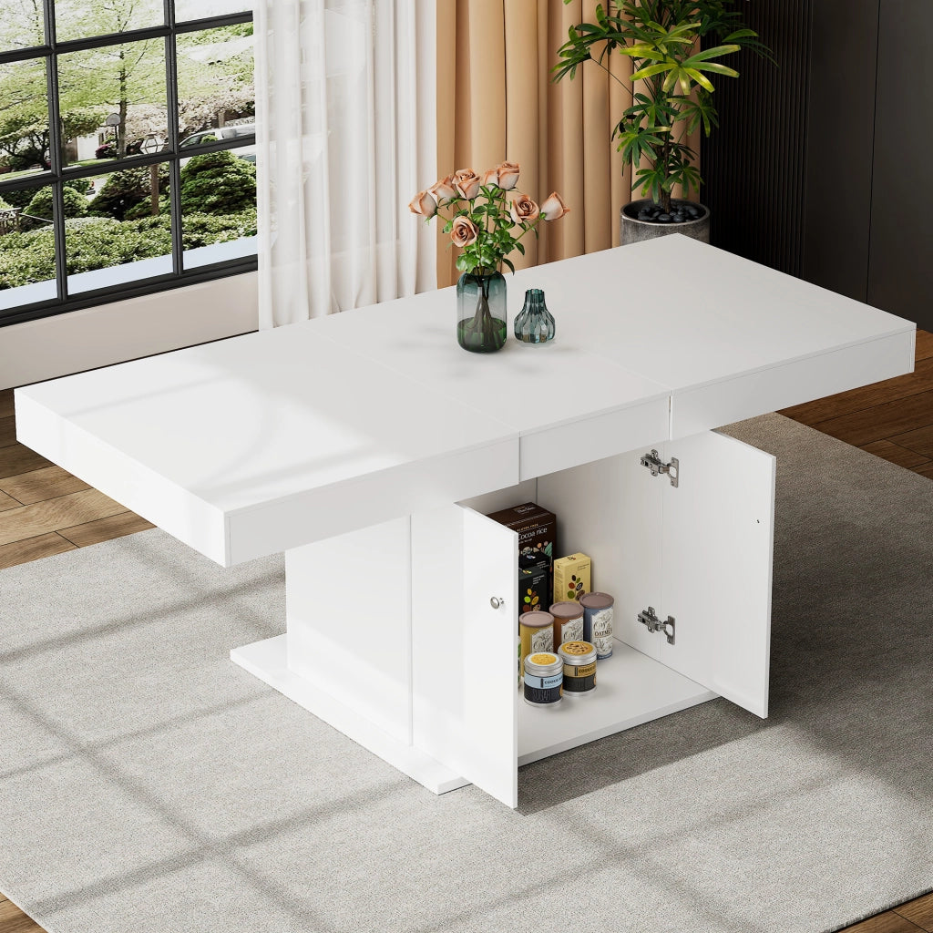 Tavolo da pranzo allungabile con contenitore, 140/180 cm, bianco, in truciolare e metallo