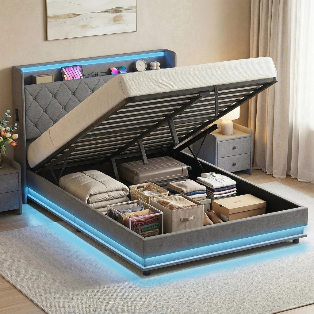 Letto Contenitore Matrimoniale con LED ¨C Zephmum ¨C Grigio 140x200 cm