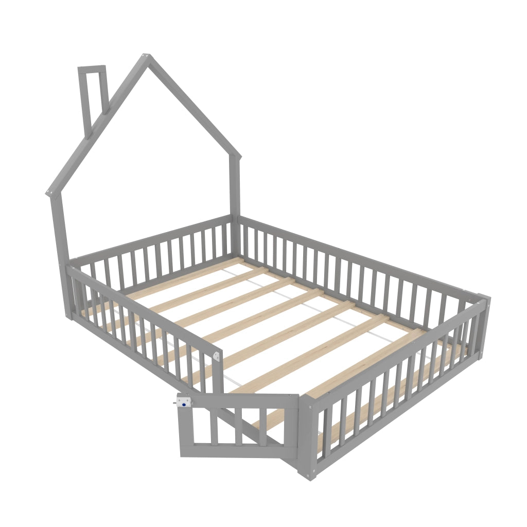OKWISH Letto Bambini 140×190 cm, Letto Matrimoniale con Sponda di Sicurezza e Design a Camino, senza Materasso, in Pino, Grigio
