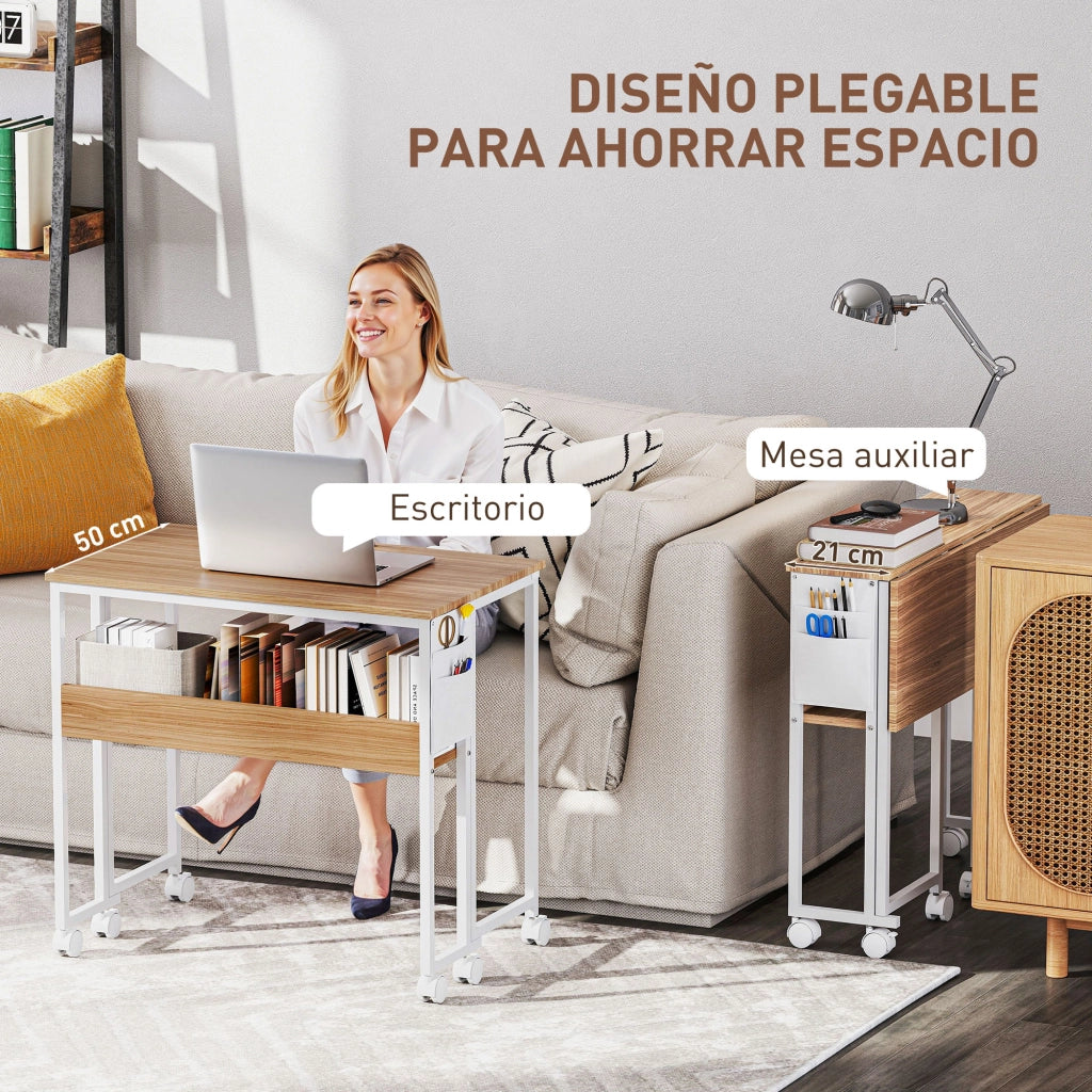 Scrivania Pieghevole con Ruote e Ripiano ¨C zephmum ¨C 80x50x75 cm Bianco e Naturale