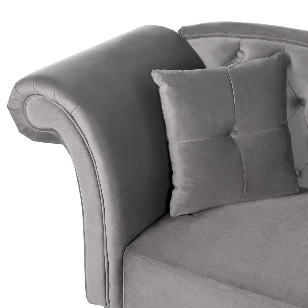Chaise longue in velluto grigio Bottone capitonné con braccioli arrotolati a versione sinistra con cuscino