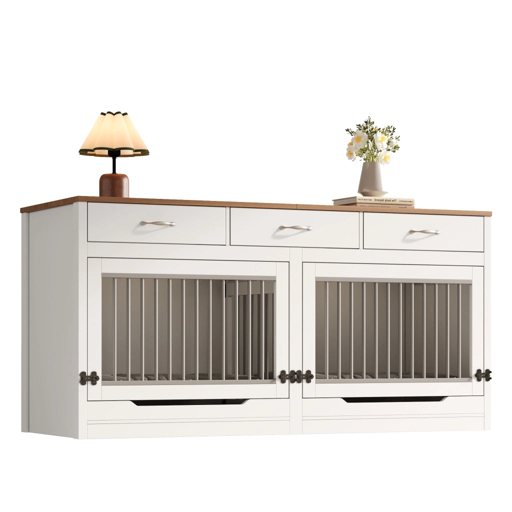 Mobile Gabbia per Cani 164×60×81 cm con Divisorio Rimovibile; 3 Cassetti e Porta Ribaltabile; Bianco Legno