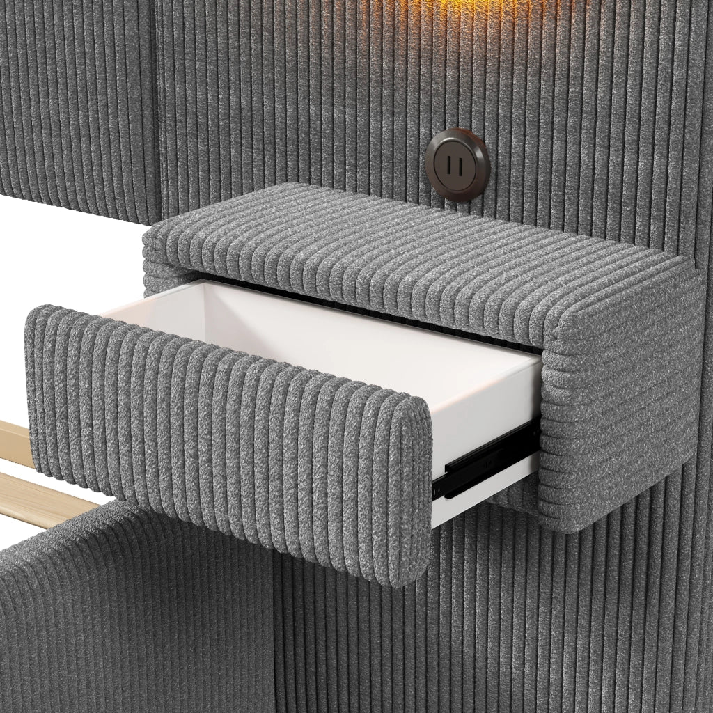 Letto Matrimoniale 180x200 cm; USB; LED; Cassetti e Tavolini in Velluto Grigio