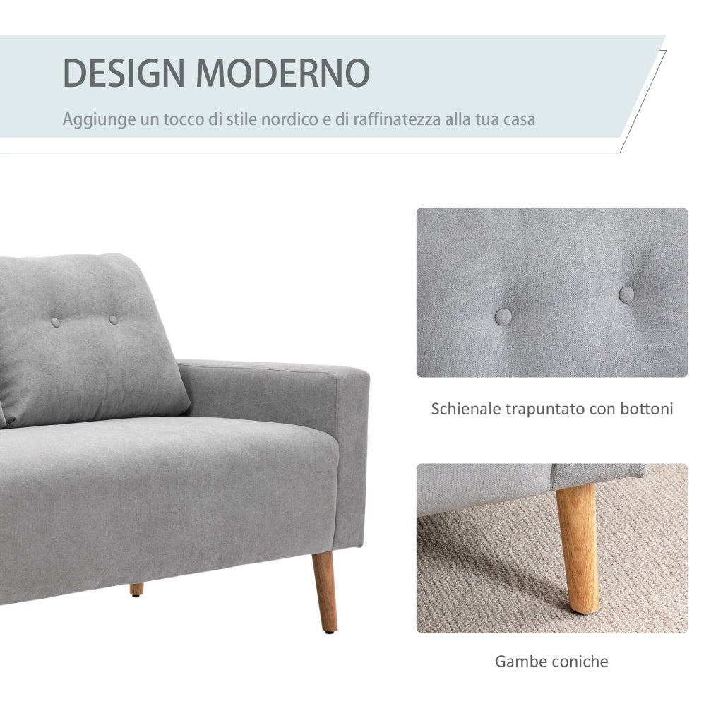 Divano 2 Posti Moderno in Stile Nordico con Schienale Trapuntato, in Poliestere e Legno, 145x76x88 cm, Grigio chiaro