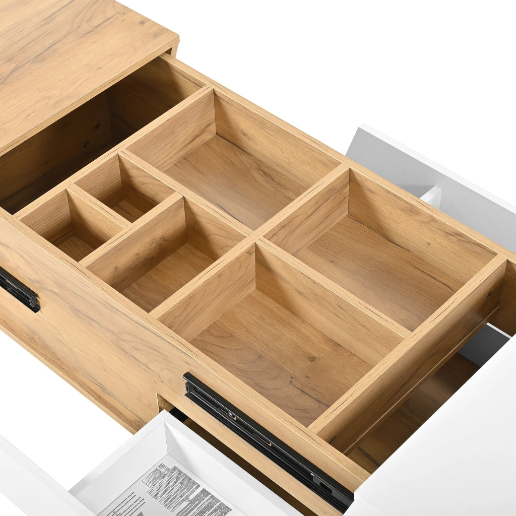 TAVOLINO DA SALOTTO Scorrevole 120x50x37,5 cm MDF Bianco e Naturale con 2 Cassetti