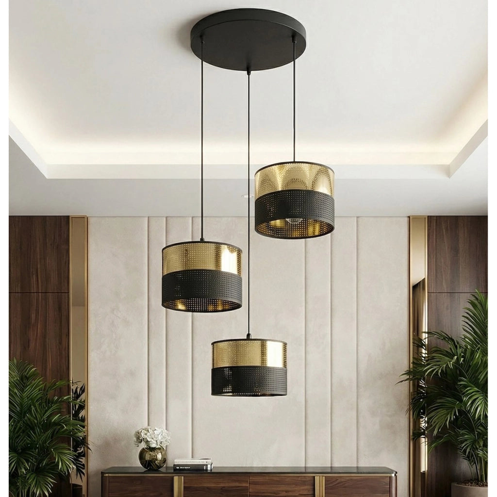 Lampada a sospensione Lux in acciaio bicolore nero opaco e oro