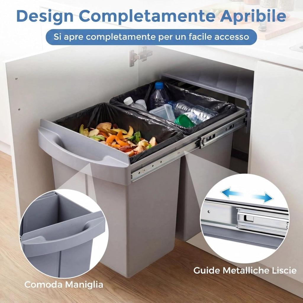 Pattumiera Estraibile Sottolavello, Pattumiera Differenziata con 2 Scomparti Rimovibili 20+20 L, Bidone della Spazzatura per Cucina, 51,5 x 34 x 41,5 cm
