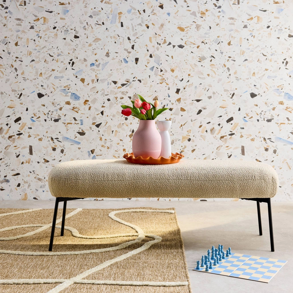 Panca tessuto bouclé e gambe in metallo, beige