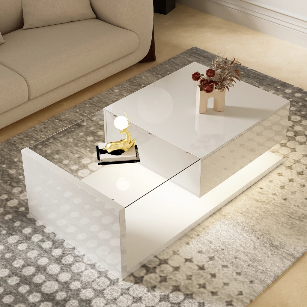 Tavolino da salotto moderno 105x55x32;5 cm in truciolare bianco lucido con LED e vetro temperato