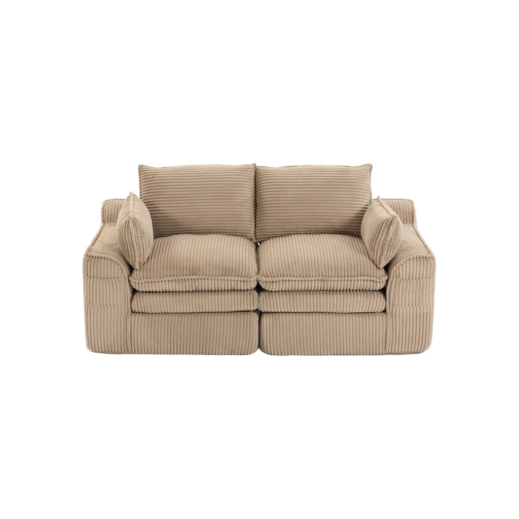 Divano modulare 2 posti in velluto a coste color khaki con cuscini, tasche laterali e struttura in schiuma multistrato con molle