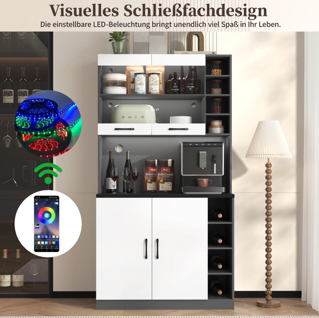 Credenza da cucina con LED, vano microonde e ripiani regolabili