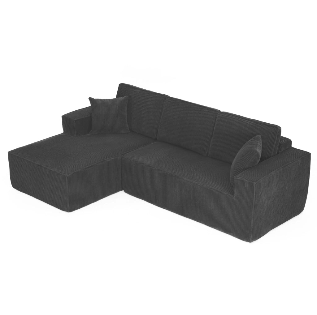 Divano angolare modulare a L in tessuto corduroy nero; 235x128x60 cm; con 2 cuscini