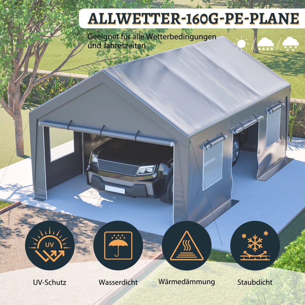 Garage Tenda Da Esterno Grigio 611 X 396 X 300 Cm In PE E Ferro Per Auto E Deposito Con Finestre E Ventilazione