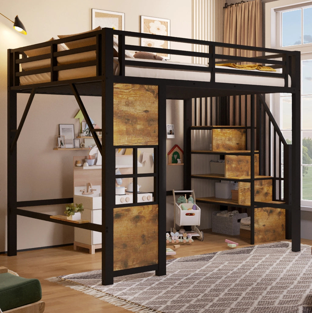 Letto a soppalco 140x200 cm con scala contenitore e area gioco, nero