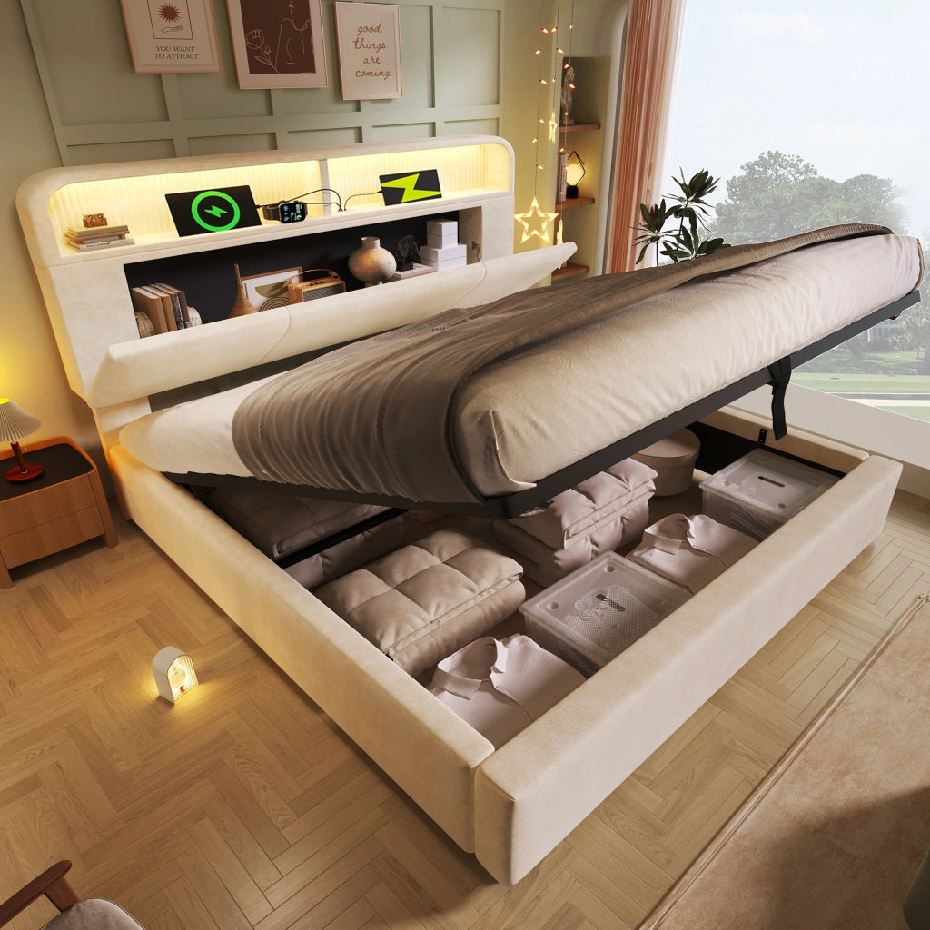 Letto matrimoniale 140x200 cm in velluto beige con testiera regolabile; LED; USB e contenitore