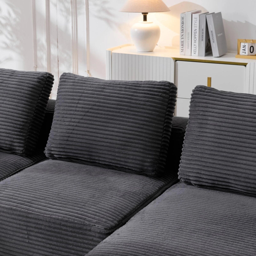 Divano, 265 cm, a due posti, con portabicchieri, tre cuscini decorativi, per piccoli appartamenti, grigio scuro