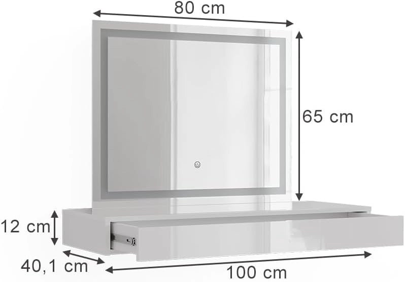 Tavolo da toeletta Sherry, Bianco, 100 cm 2 parti, con specchio fisso integrato per l’uso quotidiano