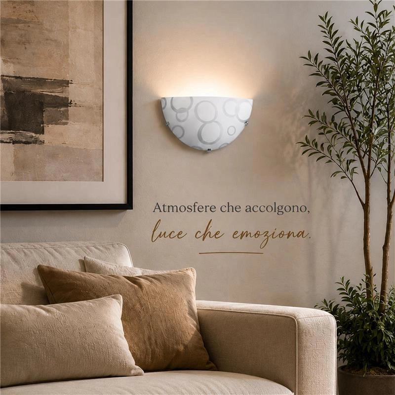 APPLIQUE DARIA 1XE27 GANCI CROMO VETRO LASTRA BIANCO DECORATO CERCHI Ø30-H.15-P.10 CM
