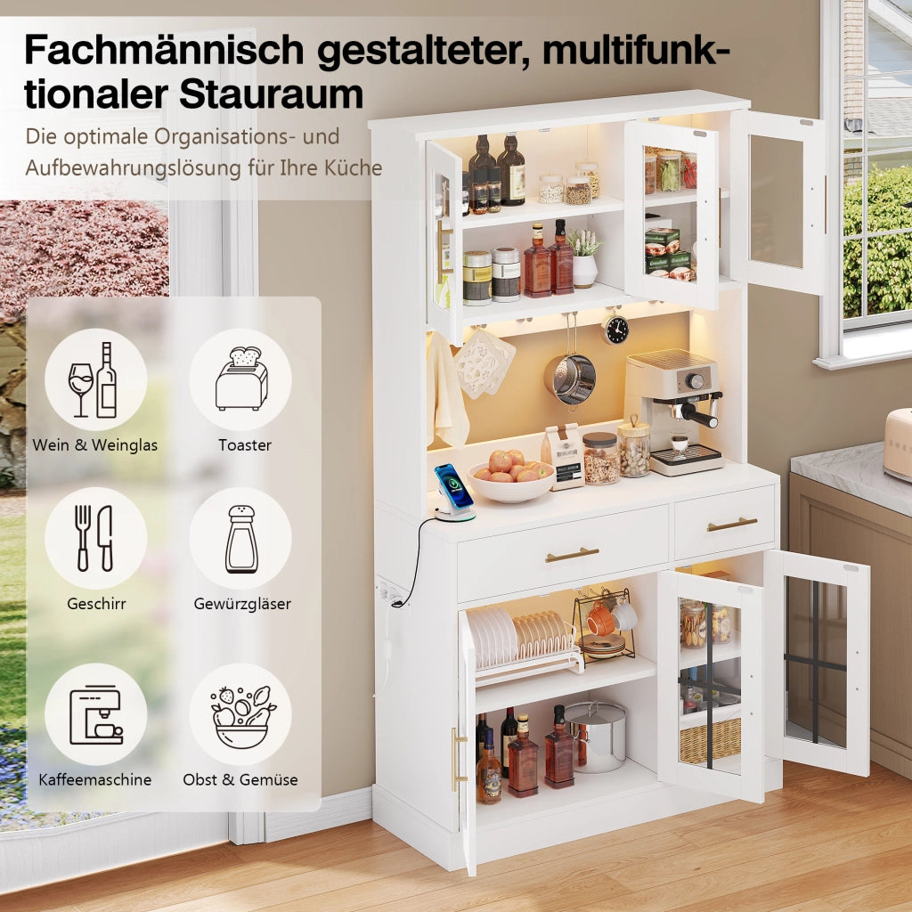 Credenza da cucina con 6 ante in vetro 2 cassetti ripiani regolabili LED e presa in MDF bianco 100 × 40 × 180 cm