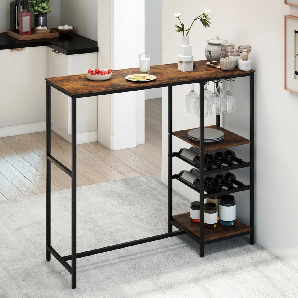 Tavolo da pranzo altezza bar con scaffali di stoccaggio per cucina soggiorno dietro il divano-Tavolo bar lungo da colazione industriale Marrone