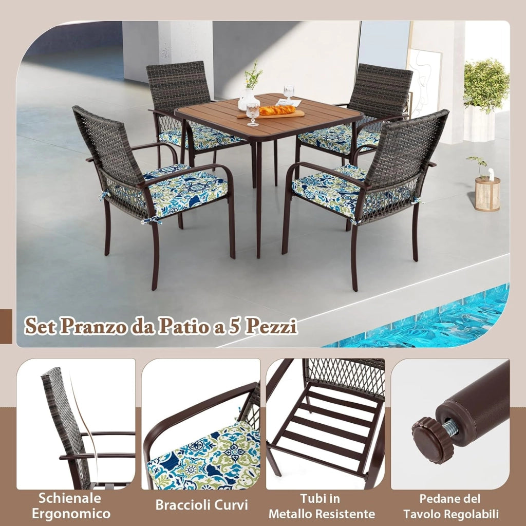 Set 5 Pezzi Tavolo e Sedie da Esterno, Tavolo Quadtato con Piano in Legno Plastica e Foroe per Ombrellone e 4 Poltrone in Rattan con Cuscini, Mobile per Giardino, Terrazza e Bordo Piscina